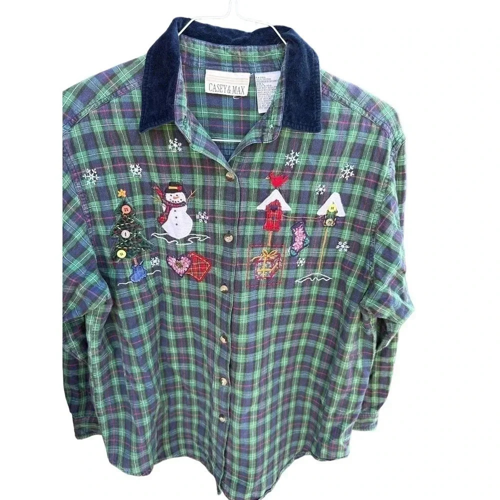 Casey & Max Christmas Plaid Long Sleeve Embroidered Button Up Shirt Size Large